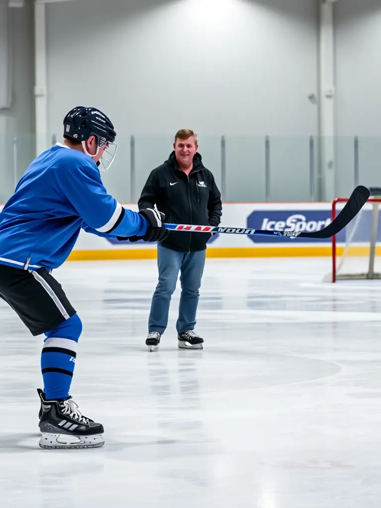 An advanced hockey player demonstrating a powerful slapshot during a training session at IceSportdPhuket, with Coach Michael providing guidance.