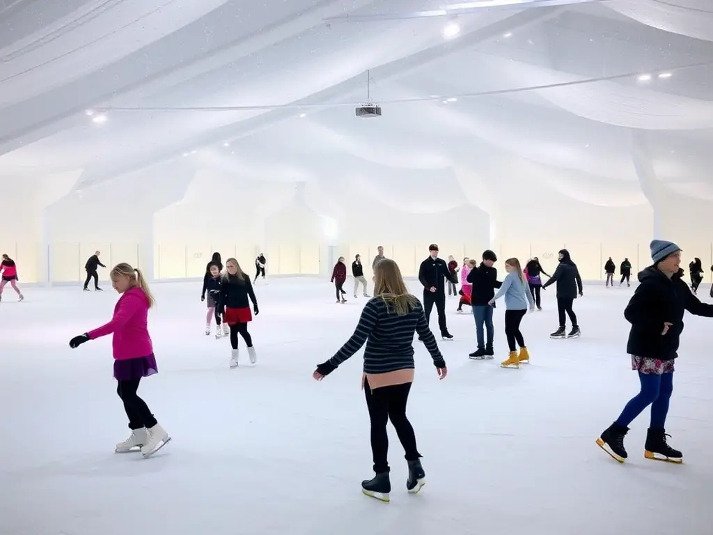 A captivating image of the Snow Room at IceSportdPhuket, filled with artificial snow and skaters practicing their techniques in a winter-like environment.