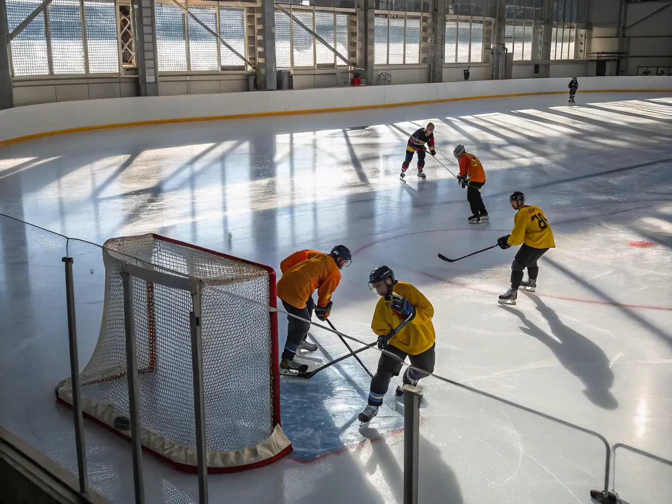 A dynamic image of hockey players in action on the ice, showcasing their speed and agility during a training session at IceSportdPhuket.